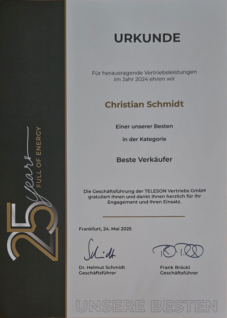 Urkunde für herausragende Vertriebsleistungen im Jahr 2024, Christian Schmidt